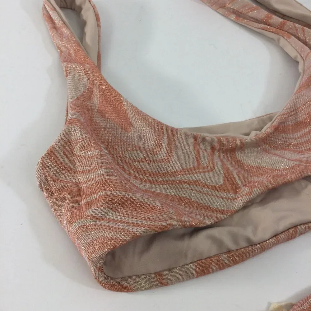 L*Space Lizzie Tie Dye Peach Pink Shimmer Camacho 2 Pc Bikini Top & Bottom M NWT